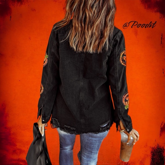 sequin pumpkin distressed denim top M L XL - Picture 6 of 10
